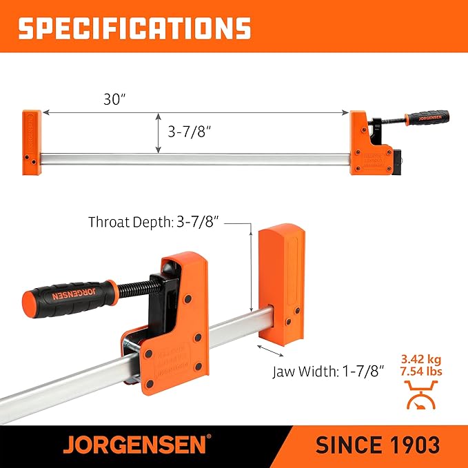 Jorgensen 2-pack 30” Bar Clamp Set, 90° Parallel Clamp Cabinet Master, Steel Jaw Bar Clamp for Woodworking, 1500 lbs load Limited