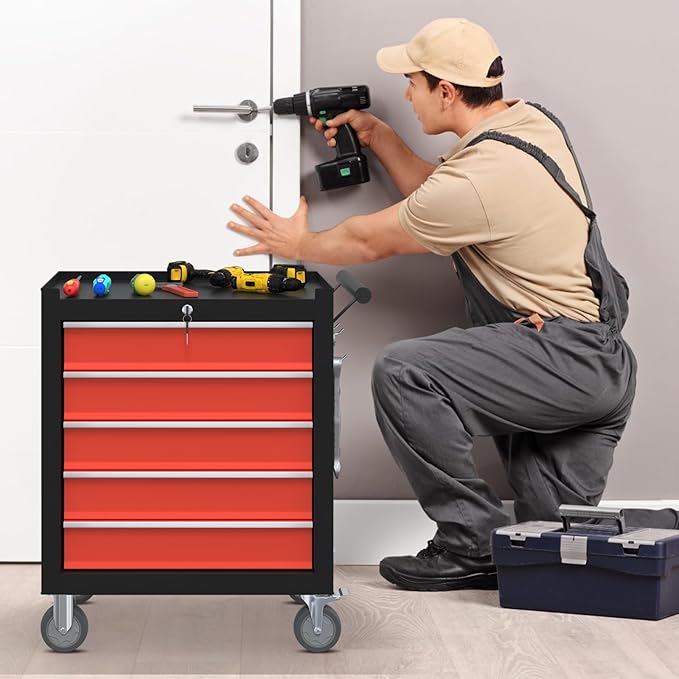 5-Drawer Rolling Tool Boxes,Metal Rolling Tool Chest with Wheels and Locking Tool Chest,Portable Metal Tool Box for Warehouse,Garage, Repair Shop, Workshop (Blackred, 5-Drawer)