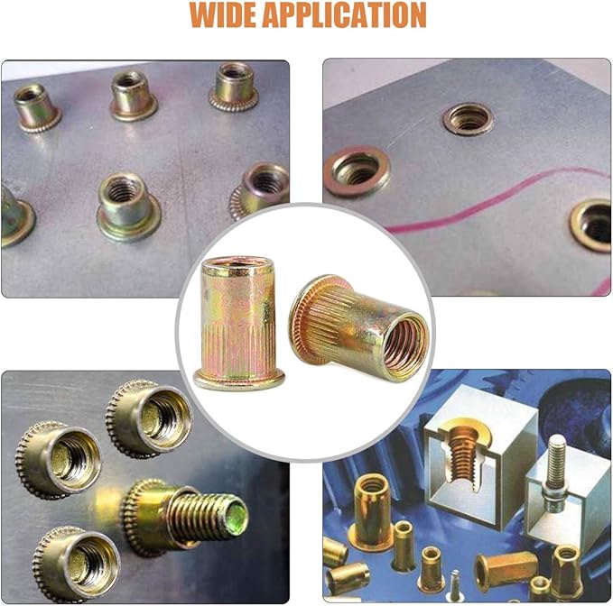 Keadic 100Pcs M10 Rivet Nuts Metric Zinc Plated Rivet Nut Carbon Steel Rivet Nut Flat Head Threaded Insert Kit Threaded Rivet Insert Nutsert Rivnuts Kit for Furniture