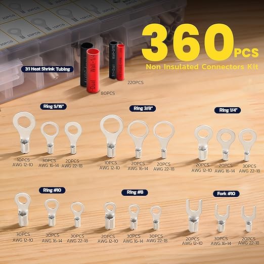 haisstronica Non Insulated Wire Connectors Kit 360 PCS - AWG 22-10 Tinned Copper Electrical Crimp Terminals with 3:1 Heat Shrink Tubing for Automotive, Marine, Industrial Wiring