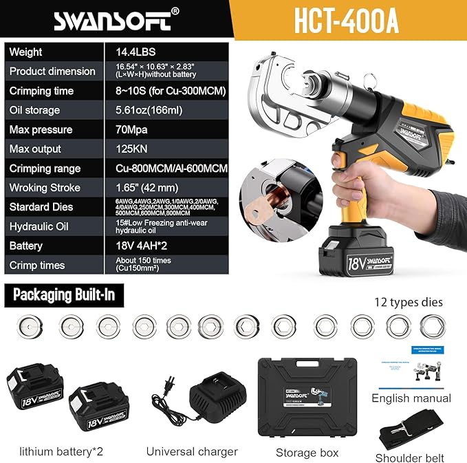 SWANSOFT Electric Hydraulic Cable Lug Crimping Tool, 12Ton 6AWG-800MCM Rechargeable Hydraulic Crimper for Cu/Al Terminal, Continuously Crimp Wire Crimping Tool Kit with 12 Dies,Yellow(HCT-400A)