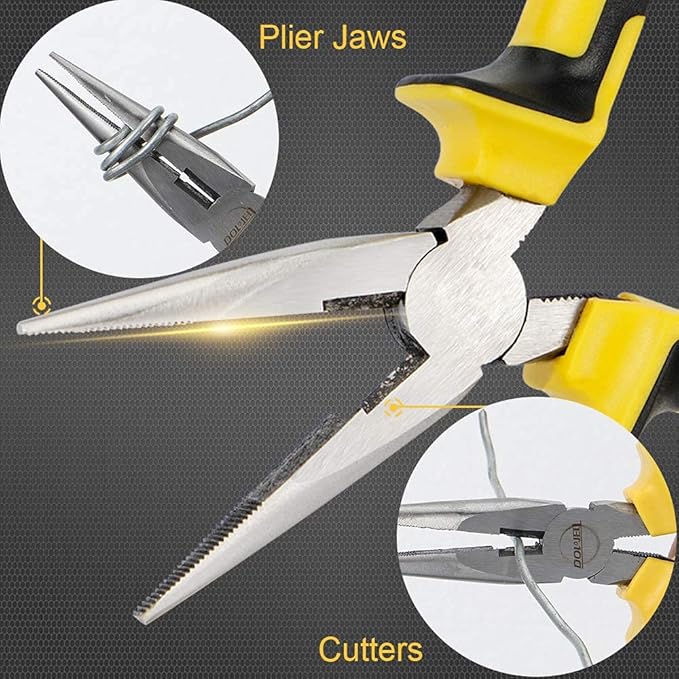 DOWELL 6 Inch Long Nose Pliers Needle Nose Pliers with Wire Cutter Nickel Chromium Steel Construction Professional Handle
