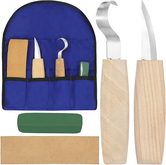 5pcs Wood Carving Knife Assortment Kit Wood Carving Knives Tools Set Includes Carving Hook Knife Wood Carving Whittling Knife Wood Carving Blank Polished Compound for Woodworking