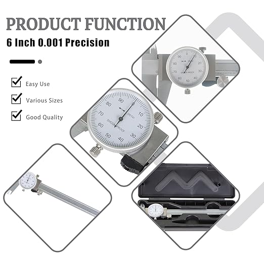 6 Inch 0.001 Precision Dial Caliper Stainless Steel Shockproof 4-Way Measurement with Plastic Case, Good Caliper Measuring Tool