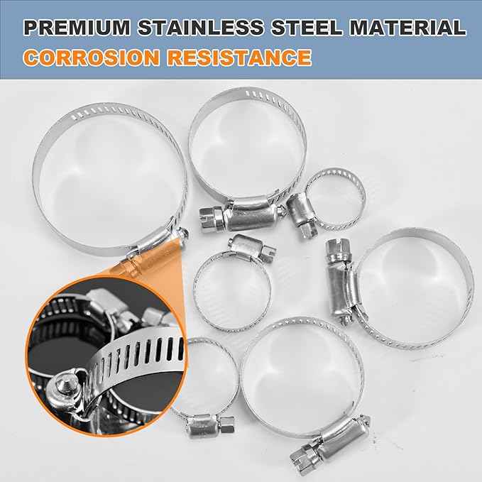 22pcs Premium Stainless Steel Hose Clamp Assortment Kit, Worm Gear Clamps, 1/4"-2" (6-51mm) Small Hose Clamps for Plumbing, Automotive, Industrial, and Home Use