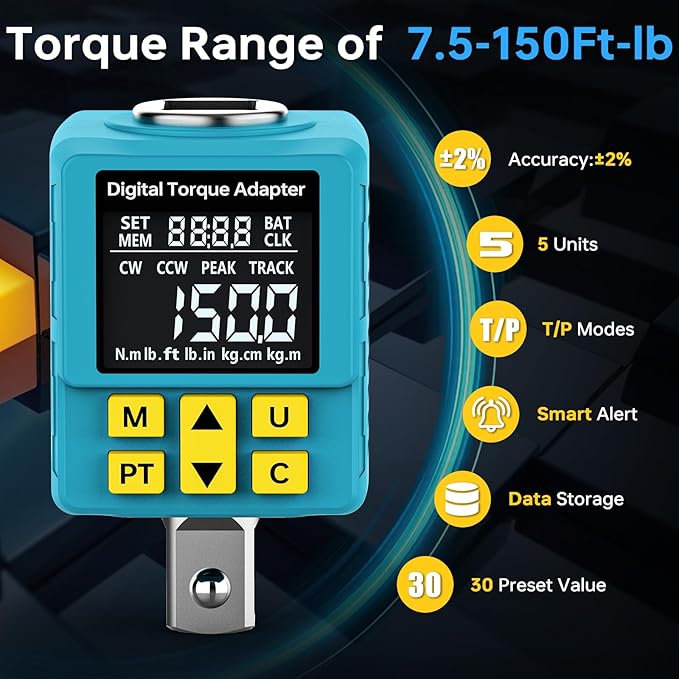 1/2" Digital Torque Adapter, (±1% Accuracy, 7.4-150Ft-lb) Digital Torque Wrench Adapter for Auto, with Upgrade Color Display, Versatile Meter - Smart Alert | Peak/Track | Preset | Store/Delete(203N.m)