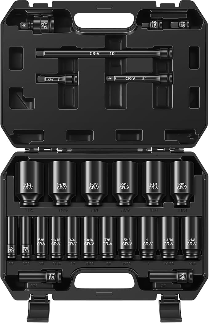 25-Piece 1/2" Drive Socket Set, SAE (3/8"- 1-1/2"), Deep Sockets, Extension Bars, 1/2" F to 3/8" M Reducer,3/8" F to 1/2" M Reducer, Universal Joint, 6 Point Design, Cr-V