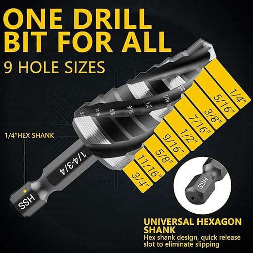 Four Spiral Flute Step Drill Bit, HSS Step Drill Bits (1/4"-3/4") Unibit Step Drill Bit, 1/4" Shank Step Bits for Aluminum, Wood, Plastic, Metal