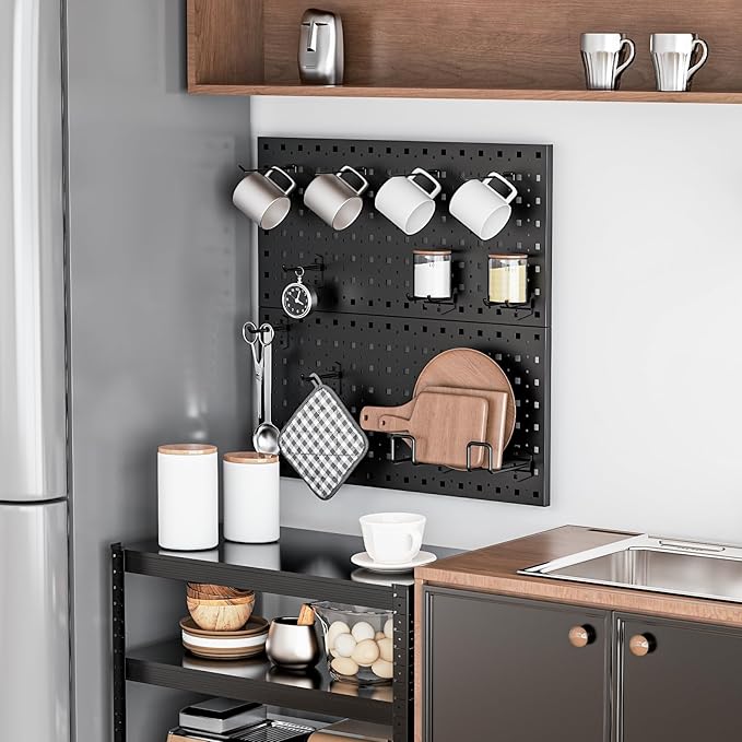 Peg Board, 4 Pack Metal Pegboard Panels Pegboards Wall Organizer with 24Pcs Hooks, Peg Board for Walls Garage Tool Storage Office Organization Kitchen Craft Room (Black, 4PCS with 24 Hooks)
