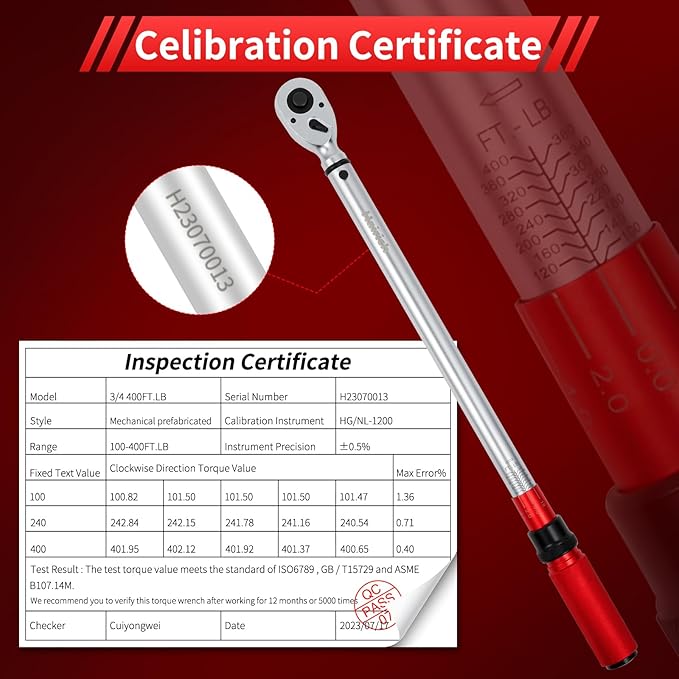 3/4-Inch Torque Wrench, Dual-Direction Adjustable 60 tooth 100-400ft.lb/136-542Nm, Professional Torque Wrench, for Maintenance Tool and Product Assembly