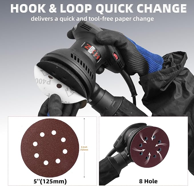 ZKH Random Orbital Sander, 6 Speeds 2.5A sander tool, 7000-14000 RPM, 5-inch Electric Sander Kit with 30pcs Sandpapers, Dust Collector, Ideal Power Palm Sander for Woodworking
