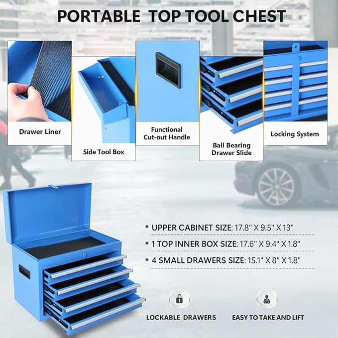 Rolling Tool Chest - 5 Drawers Tool Box Organizer with Lockable Wheels, Sliding Drawers, Detachable Top Tool Box - Tool Storage Cabinet for Garage Workshop, Blue