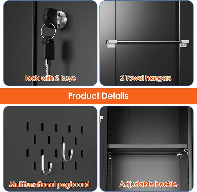 Aobabo Metal Cleaning Tool Storage Cabinet with Lockable Door, 13 Hooks and Towel Racks, Broom Closet Storage Cabinet for Janitorial Supplies, 61.61" H×27.55" W×13.77" D, Assembly Required, Black