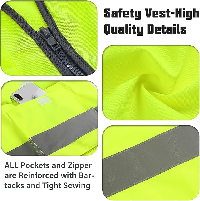Safety Vests,Hi Vis Vest Reflective Vest with 5 Pockets and Zipper for Men Women, Neon Working Vest for Outdoor One Size