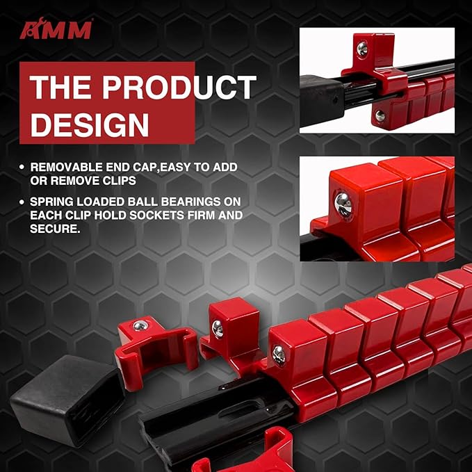 AMM 9-Piece Socket Organizer, 1/2 inch, 3/8 inch and 1/4 inch Drive ABS Tools-Red Socket Holder,Heavy Duty Socket Racks, Premium Quality Socket Clip Rail Holder,The best tool trays in the garage