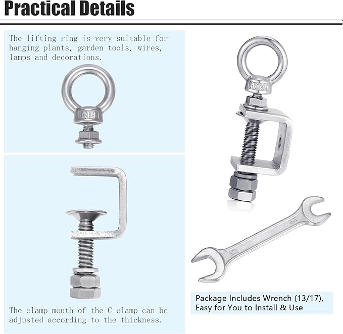 6-Pack Small C Clamps – 304 Stainless Steel Beam Clamps with M8 Screw Ring | Adjustable, Rust-Resistant I Beam Clamps for Ring Beams, Welding, Woodworking, Plants & Desk Use. Wide Jaw Openings (30MM)