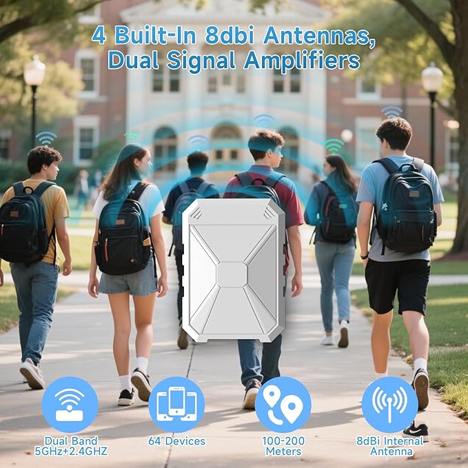 AC1200 Outdoor WiFi Extender, 5GHz /2.4GHz Outdoor WiFi Extender Signal Booster, IP67 Weatherproof, Passive PoE, Repeater/AP/Router Mode, Extend WiFi for Outdoor Camera, Patio, Garage, Farm