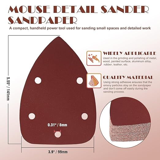320 Grit Mouse Sander Sandpaper, Jamiikury 5 Hole Detail Sander Sandpaper Palm Sander Paper Mouse Sanding Pads Hook and Loop Sanding Sheets - Pack of 20