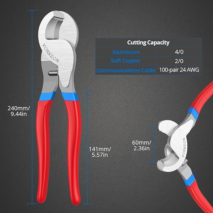 Wire cutter 10 Inches Red Heavy duty high leverage cable cutter tool Sharp cutting blade for Aluminum/Copper/Communications cables