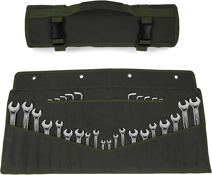 Heavy-Duty 32-Pocket Wrench Roll-Up Organizer - Made with 16 oz. Waxed Canvas, Fits Metric & SAE Wrenches, Perfect for Mechanics, DIYers, and Tool Storage (Army Green)