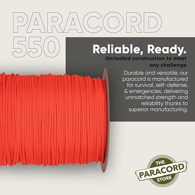 The Paracord Store | Type III 550 Paracord - 250 FT Spool, Neon Orange | Heavy Duty 7 Strand Tactical Paracord - USA Made Nylon Outdoor Parachute Cord for Camping, Fishing & More - Survival Cord