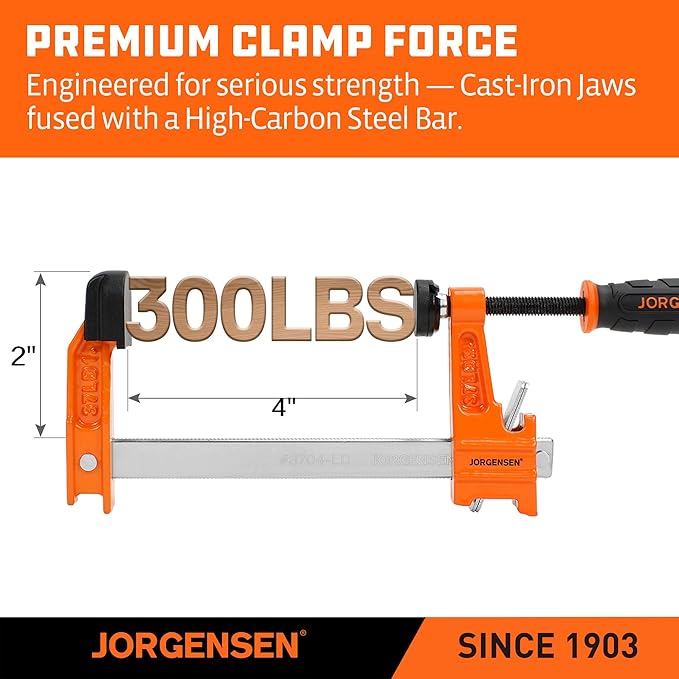 Jorgensen 2-Pack Steel Bar Clamp Set, 4-inch Light Duty, 300 Lbs Load Limit, for Woodworking