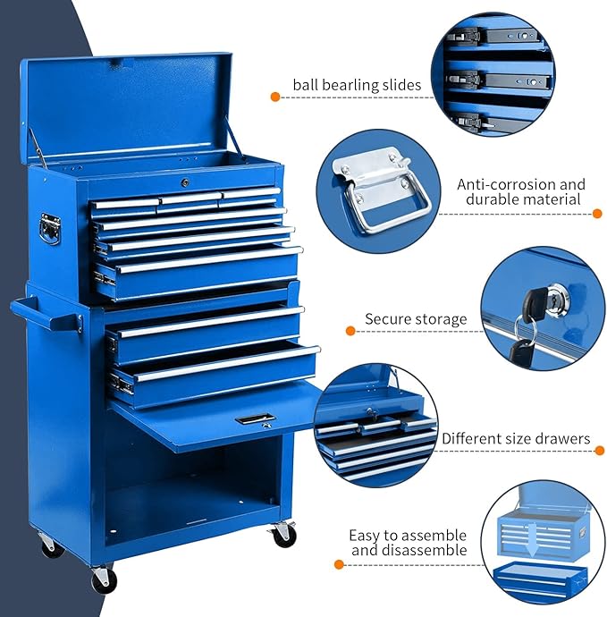 8-Drawer High Capacity Rolling Tool Chest - Wheeled Cabinet with Lockable Drawers - Combo Tool Box for Workshop & Mechanics Garage