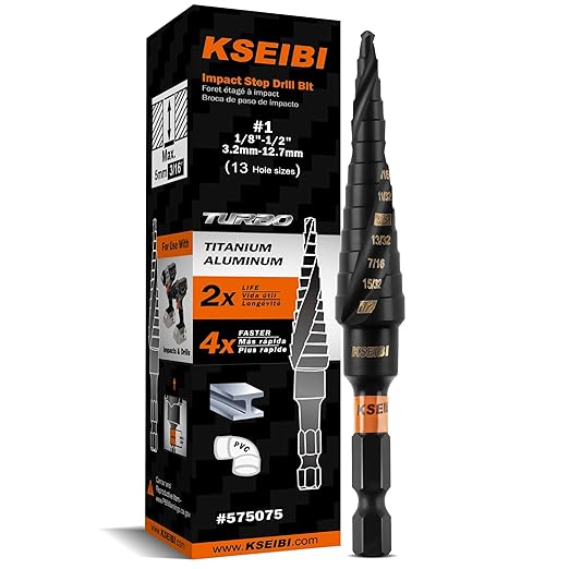 KSEIBI 13 Steps 1/8-1/2 inch SAE Standard Industrial Grade Step Drill Bit Ready Impact 1/4 inch Shank, 575075 High Speed Steel Black Oxide M2 Metal Drill Bits