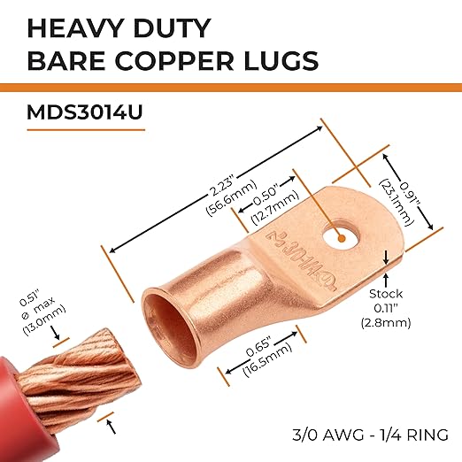 SELTERM 10pcs 3/0 AWG - 1/4" Stud - Battery Lugs, Heavy Duty Wire Lugs, Ring Terminals, Battery Cable Ends,000 Gauge Terminals, UL Bare Copper Eyelets Electrical Battery Terminal Connectors