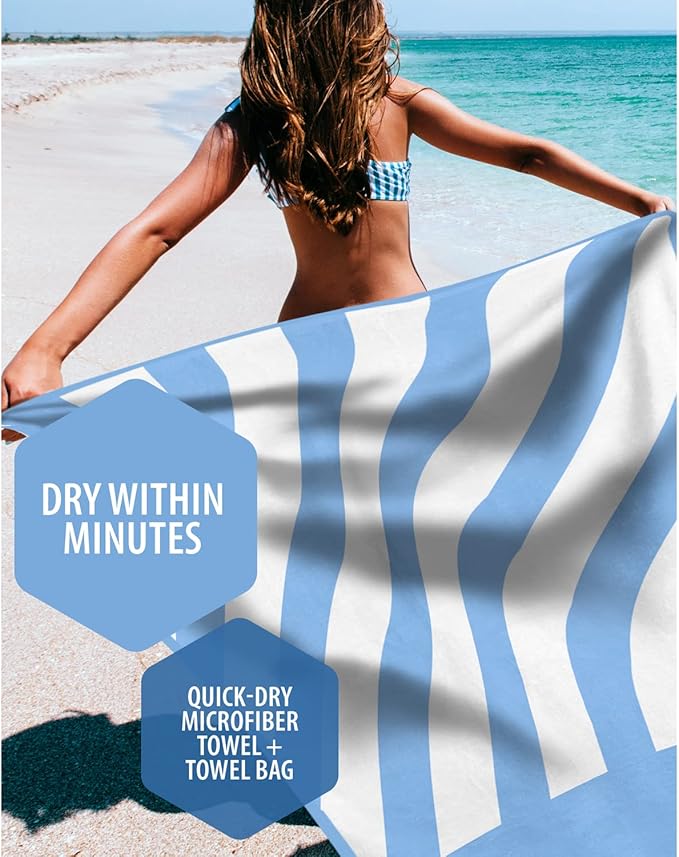 VENTURE 4TH Microfiber Beach Towel: Quick-Dry, Compact, Sand-Free, Absorbent, Sandproof and Lightweight - Perfect for Camping, Beach, and Roadtrips (Sky Blue Stripes Design | 35x78 inches)