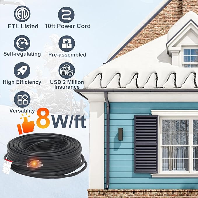HEATIT 8JHSF1 36ft Heat Cables for Roofs and Gutters for Pipe Freeze Protection, Pre-assembled Roof Gutter Snow Melting De-Icing Heating Cable, Heating Cable Tape, ETL Listed 8W/ft 120V