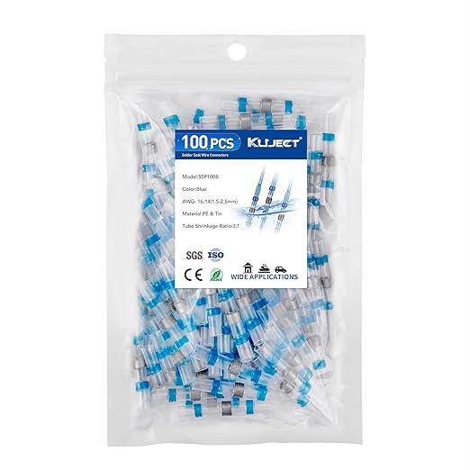 Kuject 100PCS Solder Seal Wire Connectors AWG 16-14, Blue Solder Seal Heat Shrink Butt Connectors Terminals Waterproof Wire Splice Connector for Marine Boat Wire Joint