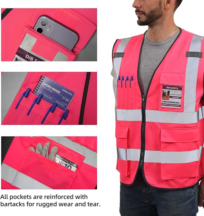 Dib Safety Reflective Vest High Visibility with Pockets and Zipper, Pink XS