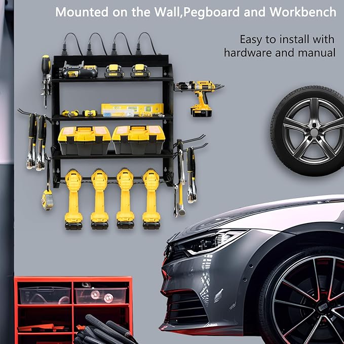 Modular Power Tool Organizer Wall Mount with Charging Station,8 Outlets,4-Layer,6 Drill Holders,4 Hooks,Metal drill holder wall mount,6.5ft Cord,Garage,Workbench,Workshop,Black