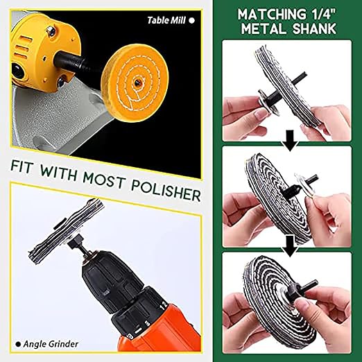 4'' Buffing Polishing Wheels with 3 Pcs Polishing Compounds/White Cotton (50-ply) /Yellow Cotton (36-ply)/Flannel (30-ply)/Denim and 1/4" Shank for Bench Grinders/Bench Buffer Rotary Tools