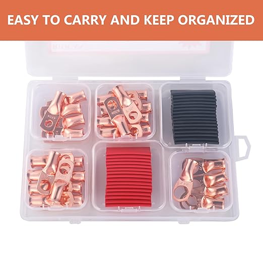 62PCS 4 AWG Ring Terminal Connectors Battery Copper Wire Lugs 4 Gauge 5/16", 3/8", 1/4", 1/2" with Heat Shrink Tubing Set, 30Pcs Battery Cable Ends and 32PCS Heat Shrink Tubing