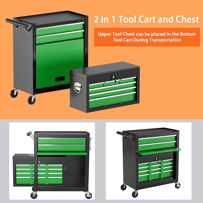 8-Drawer High Capacity Rolling Tool Chest, Removable Cabinet Storage Tool Box with Wheels and Drawers, Detachable Toolbox with Lock for Workshop Mechanics Garage(Black&Green)