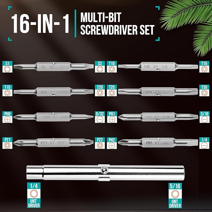 16-in-1 Multi-bit Screwdriver Set Tool All in One, Portable Multi-Purpose Screwdriver, Slotted/Philips/Pozi/Torx/Square,Nut Driver