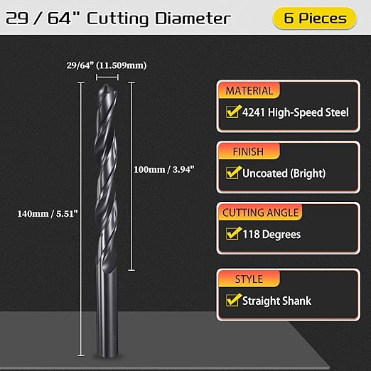 Drill Bit, 29/64" Cutting Diameter, 4241 HSS Nitriding Black 118° Cutting Angle Versatile Jobber Bits - (Applications: for Drilling Plastic Wood Soft Metal), 6-Pieces