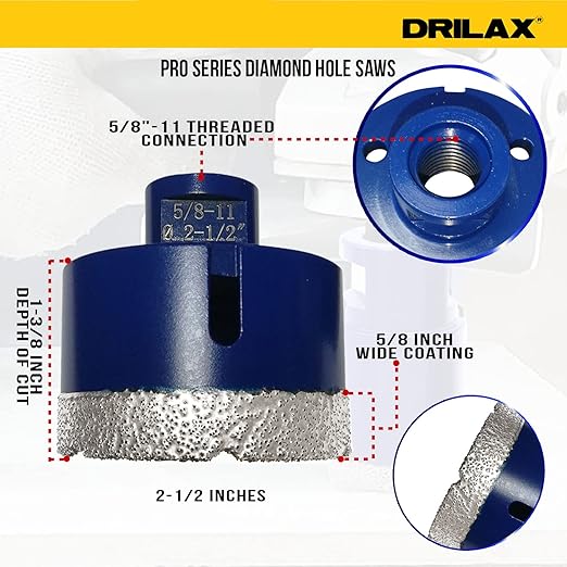 Drilax Pro Series 2-1/2 Inch Diamond Hole Saw | for Angle Grinders (5/8"-11 Thread) & Regular Drills (Adapter Incl.) | 1-3/8" Depth | Fast Dry Drilling for Large Pipes, Vents, Conduit | Long Life