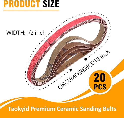 1/2 x 18 Inch Sanding Belts Ceramic, 60 Grit 1/2x18 Inch Sander Belts for Air Belt Sander, Metal Finishing, Rust Removal, Woodworking, 20 Pack