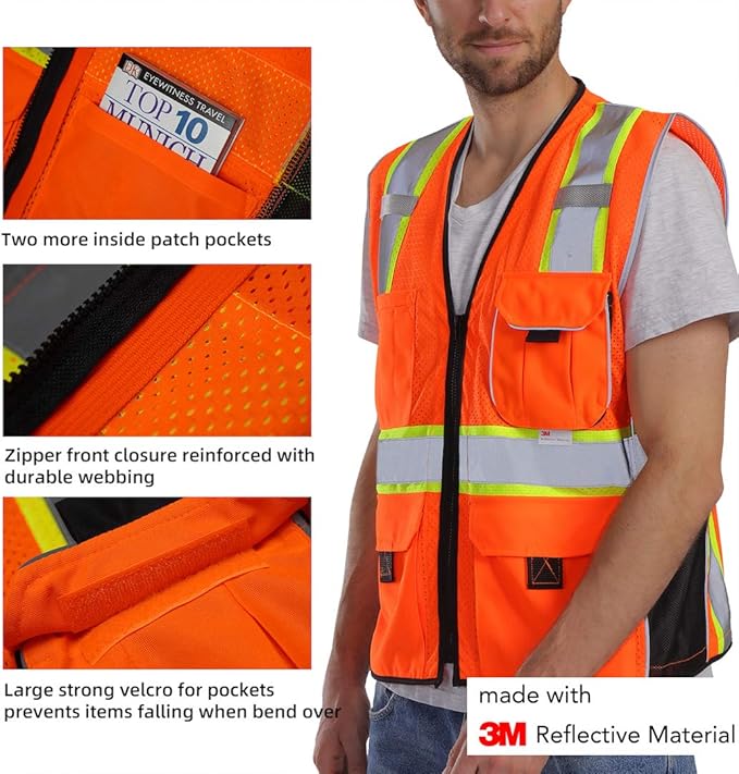 Dib Safety Vest Reflective Orange Mesh, High Visibility Vest with Pockets and Zipper, Heavy Duty Vest Made with 3M Reflective Tape XL