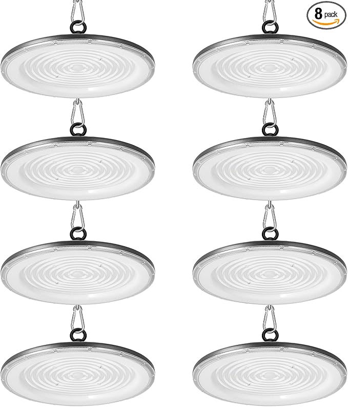 loyal LED High Bay Shop Lights: UFO Dimmable Commercial Lighting 6000K - for Warehouse Garage Workshop Gym, No Plug (500W, 8 Piece)
