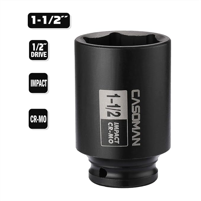 CASOMAN 6-Point 1/2-Inch Drive Deep Impact Socket- 1-1/2" (SAE), CR-MO, 1/2-inch Drive 6 Point Axle Nut Socket for Easy Removal of Axle Shaft Nuts (1-1/2")