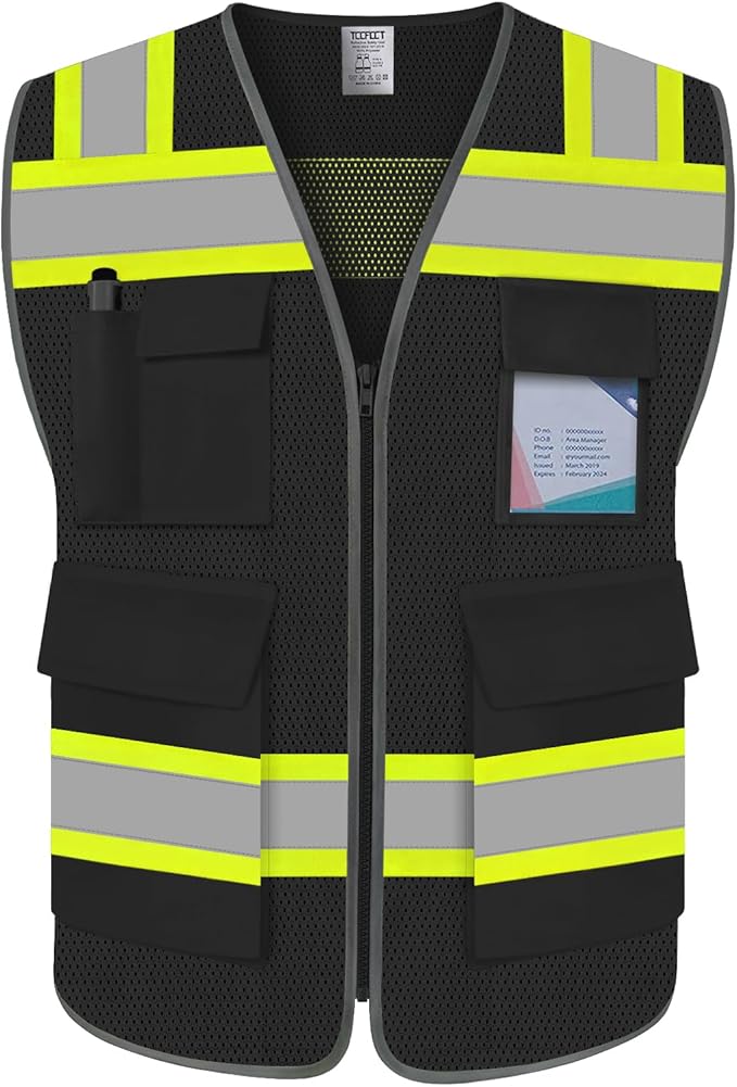TCCFCCT High Visibility Safety Vest - 5 Pockets Mesh Reflective for Men Women, Hi Vis Construction With Neon Yellow Edge, Reinforced Sewing, Durable, Meets ANSI/ISEA, DW-Black, XL
