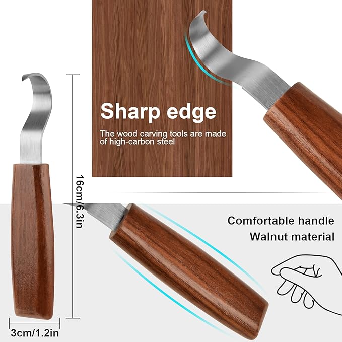 Wood Carving Knife With Leather Strop and Polishing Compound, Wood Whittling Tools for Beginners, Adults and Kids (Hook Carving Knife)