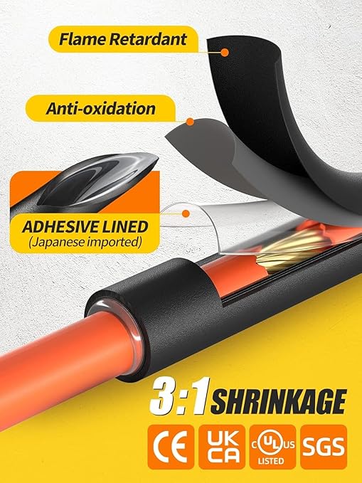 Eventronic Heat Shrink Tubing Kit 200 PCS, 3.54" Extra-Length, 3:1 Ratio Dual Walled with Strong Adhesive Lined, Marine Grade Shrink Wrap - Industrial Heat-Shrink Tubing -Black