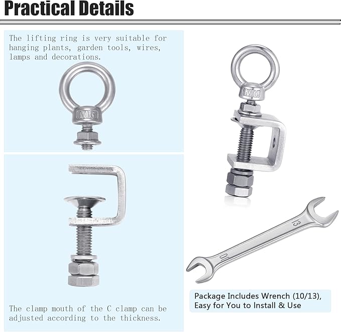 6-Pack Small C Clamps – 304 Stainless Steel Beam Clamps with M6 Screw Ring | Adjustable, Rust-Resistant I Beam Clamps for Ring Beams, Welding, Woodworking, Plants & Desk Use. Wide Jaw Openings (20MM)