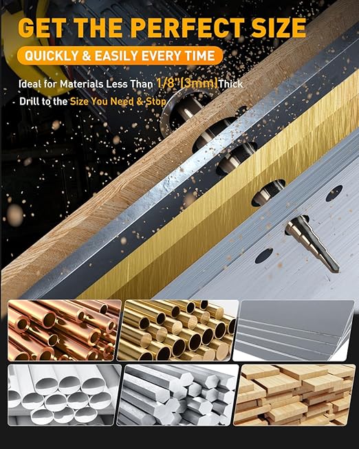 COMOWARE Step Drill Bit Set & Automatic Center Punch- Black and Gold, Double Cutting Blades, High Speed Steel, Short Length Drill Bits Set of 5 pcs, Total 50 Sizes with Aluminum Case