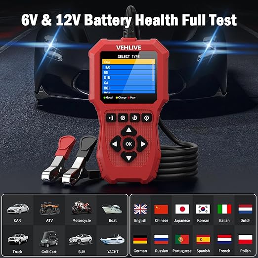 Car Battery Tester 6V 12V, 5-3000CCA Battery Load Tester, Automotive Alternator Tester Digital Auto Battery Analyzer Charging Cranking System Tester for Car Truck Motorcycle SUV ATV Boat Yacht